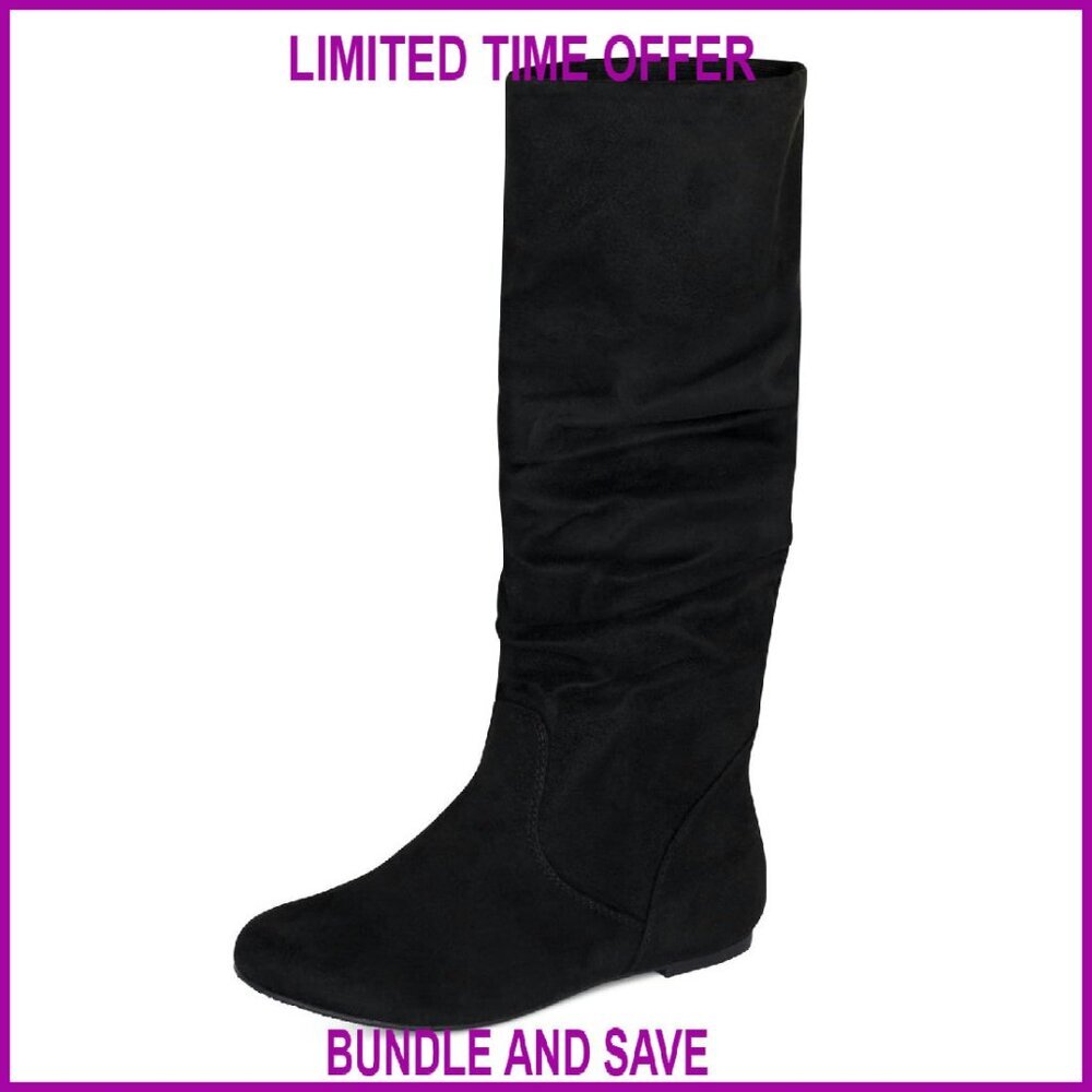 Slouchy Faux Suede Knee High Pull On Boots Flat Round Toe Winter